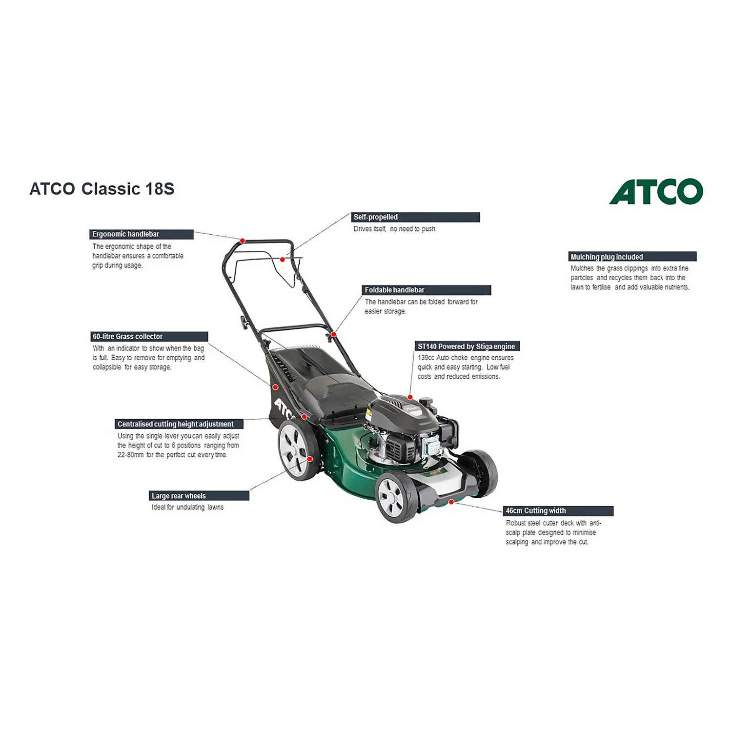 Atco 139cc Classic 18S Petrol Lawn Mower - 46cm 5 Atco 139cc Classic 18S Petrol Lawn Mower - 46cm - Image 3