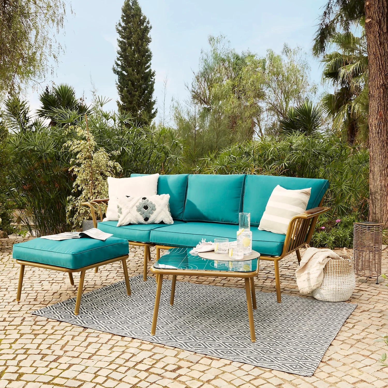 Omari Metal Garden Corner Sofa Set - Teal & Gold 3 Omari Metal Garden Corner Sofa Set - Teal & Gold